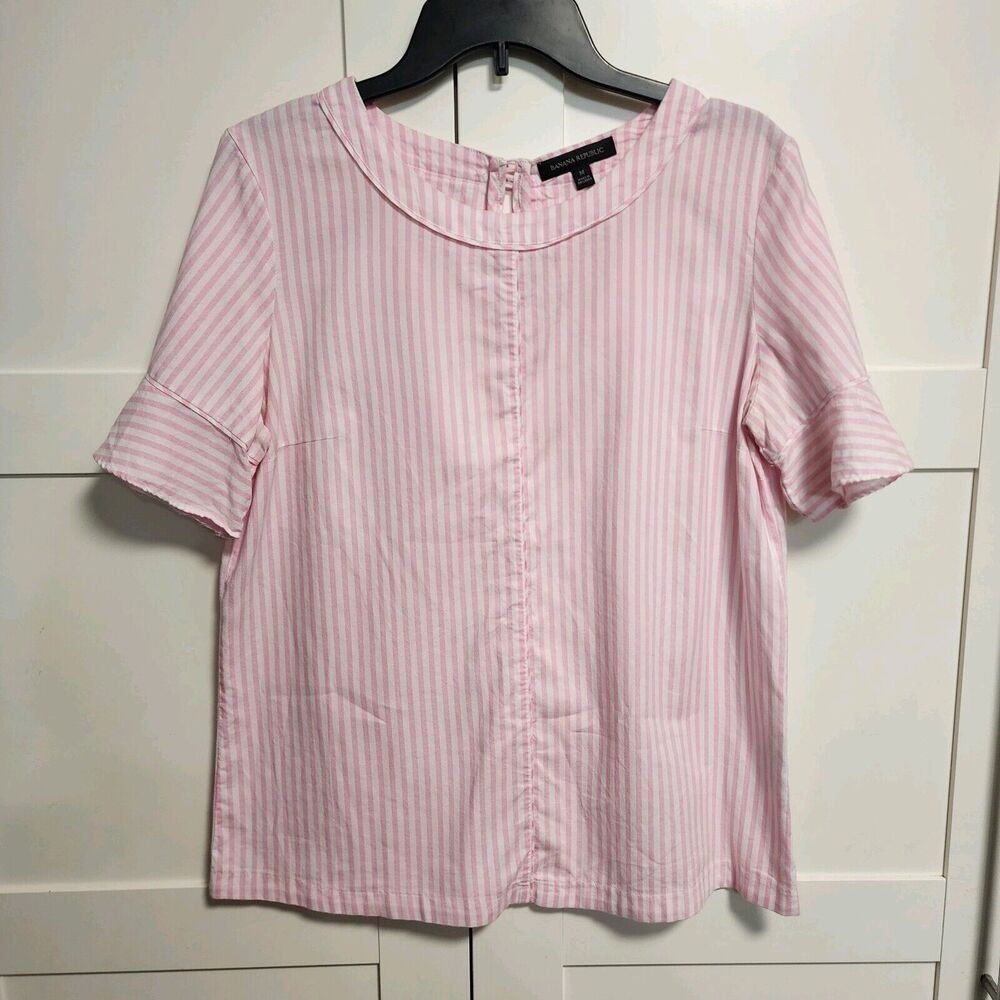 Banana Republic Pink & White Striped Cotton Flutter Sleeve Blouse – Size M